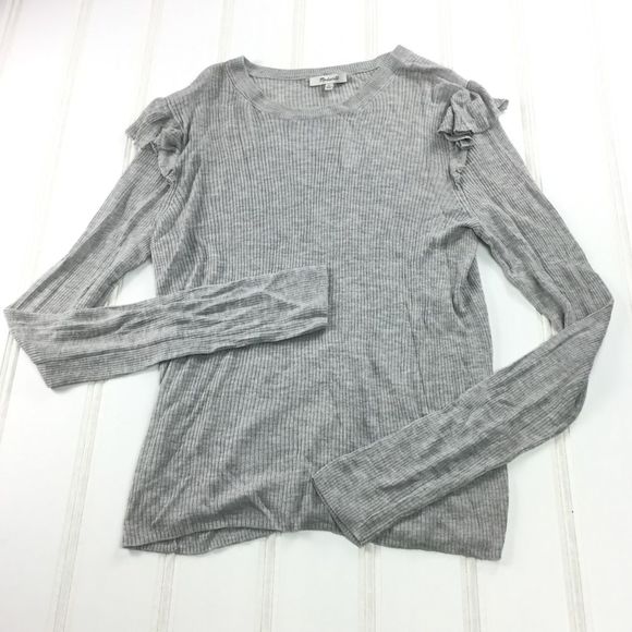 Madewell XL Gray Ruffle Sleeve Pullover Sweater Ribbed Knit Lightweight Top NEW - Picture 3 of 8